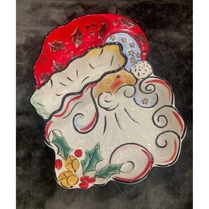 Vintage Clay Art Ceramic Merry Santa Hand Painted Christmas Serving‎ Platter EUC